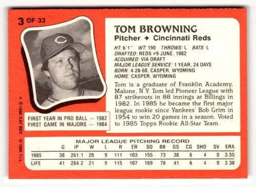 1986 Topps Kay-Bee Young Superstars of Baseball #3 Tom Browning NrMt-Mt ID:50403 - Baseball Card Single