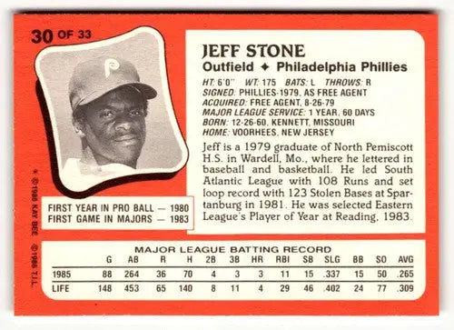 1986 Topps Kay-Bee Young Superstars of Baseball #30 Jeff Stone NrMt-Mt ID:50406 - Baseball Card Single