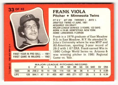 1986 Topps Kay-Bee Young Superstars of Baseball #33 Frank Viola NrMt-Mt ID:50399 - Baseball Card Single
