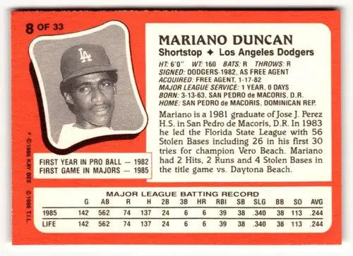 1986 Topps Kay-Bee Young Superstars of Baseball #8 Mariano Duncan NrMt- ID:50408 - Trading Cards