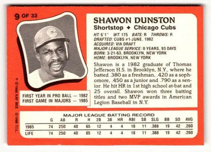 1986 Topps Kay-Bee Young Superstars of Baseball #9 Shawon Dunston NrMt- ID:50404 - Trading Cards