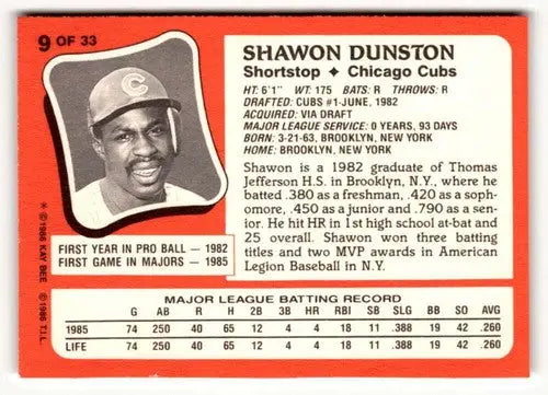 1986 Topps Kay-Bee Young Superstars of Baseball #9 Shawon Dunston NrMt- ID:50404 - Baseball Card Single