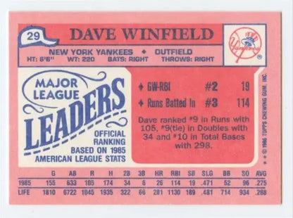 Original gloss 1986 Topps Mini Leaders Dave Winfield Yankees baseball card