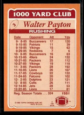1986 Topps Walter Payton #3 1000 Yard Club Chicago Bears