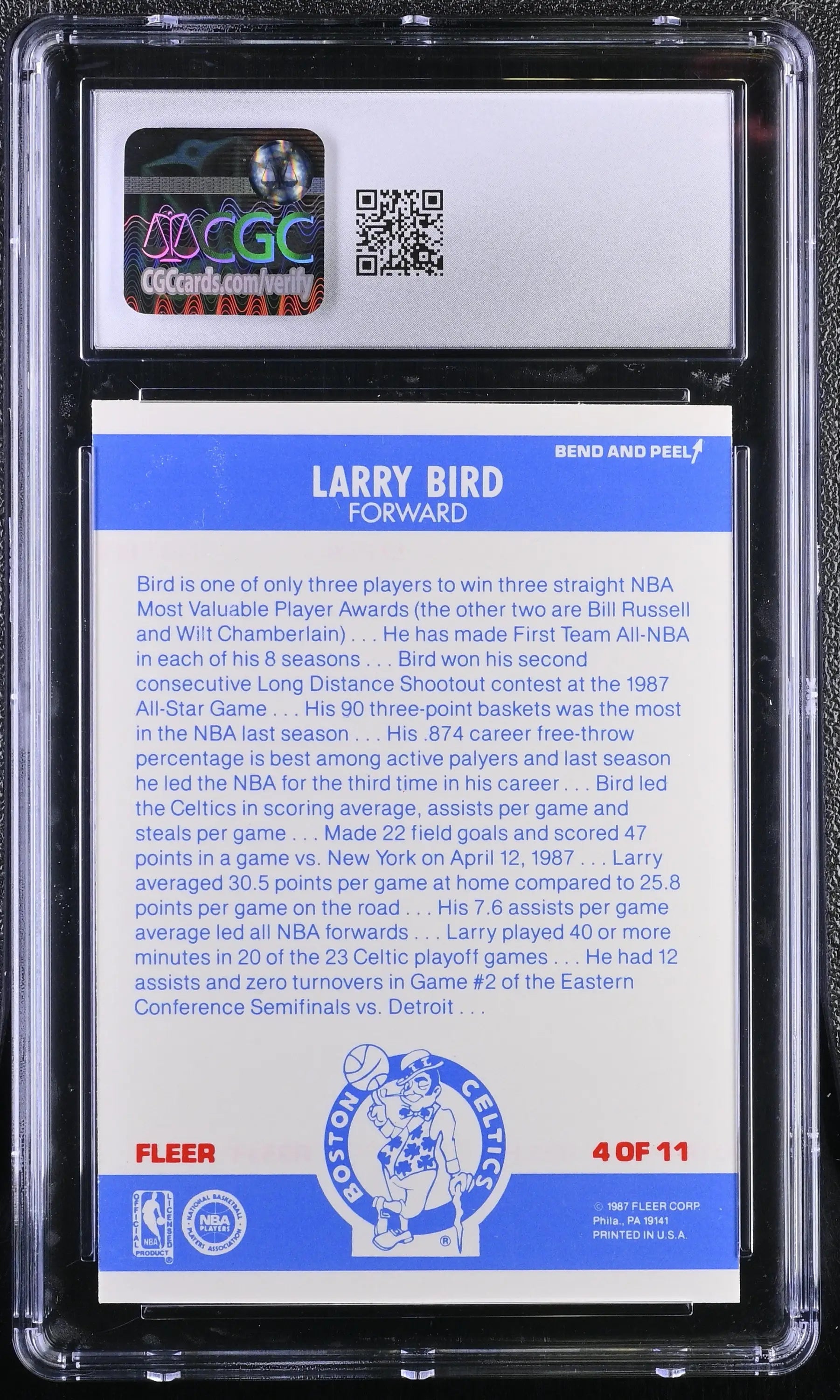 1987-88 Fleer Basketball Sticker #4 Larry Bird CGC 7.5 NM+ - Basketball Card Single