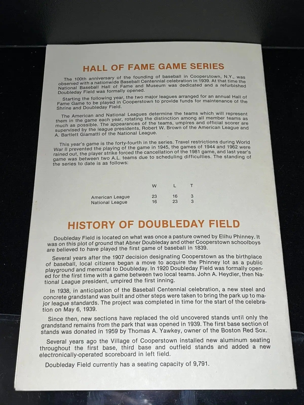 Hall of Fame Game Program featuring Braves Yankees Hall and Lou Piniella Auto