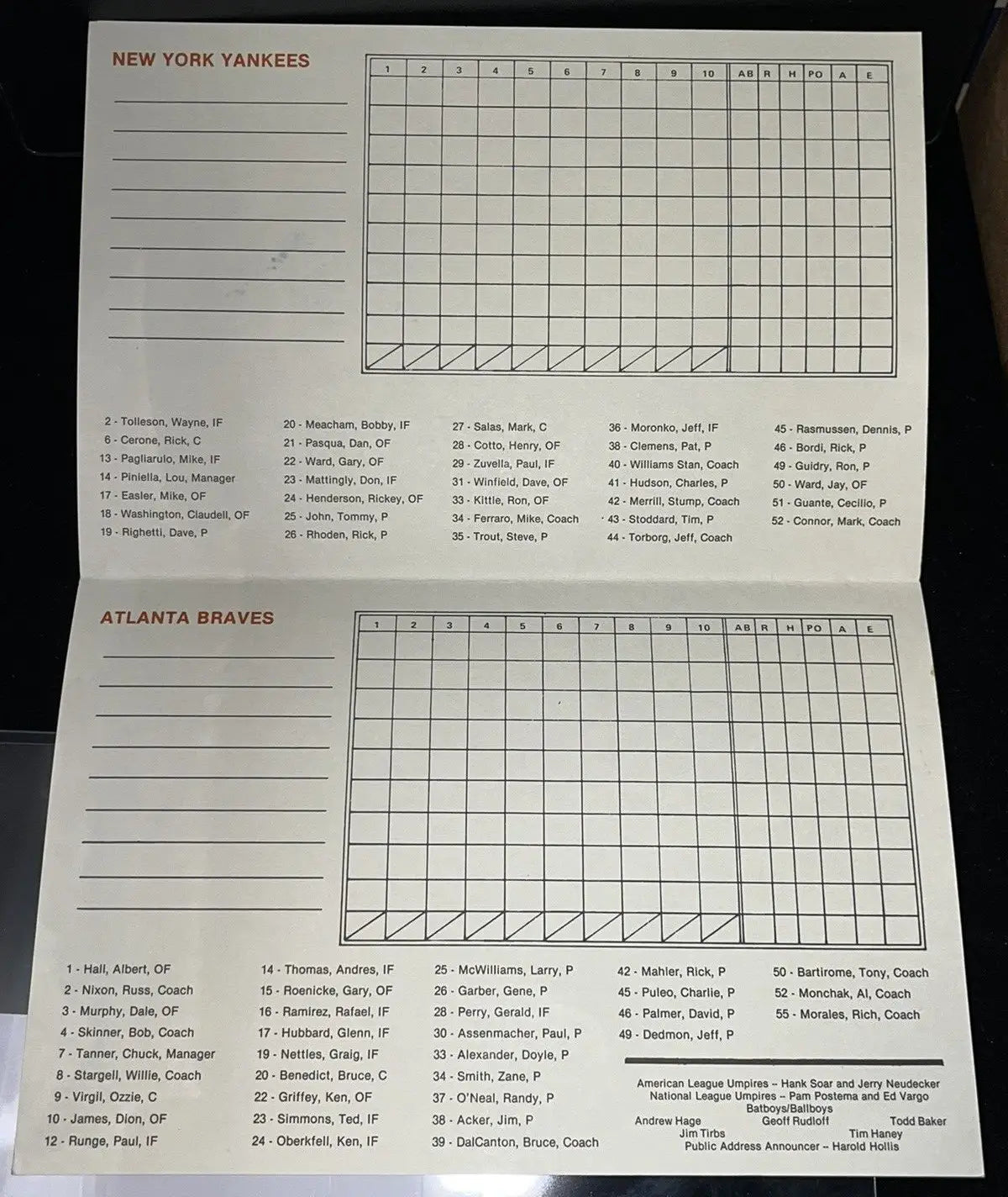 Baseball scorecard from 1987 Braves Yankees Hall of Fame Game Program Lou Piniella Auto