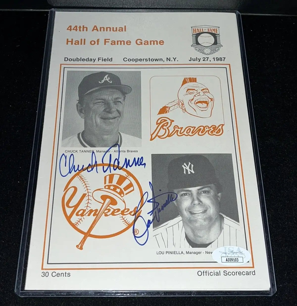 Signed Hall of Fame Game scorecard from 1987 Braves Yankees Program Lou Piniella Auto