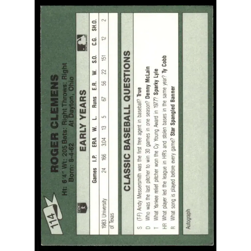 1987 Classic Update Yellow #114 Roger Clemens EX/NM Boston Red Sox Baseball Card - Baseball Card Single