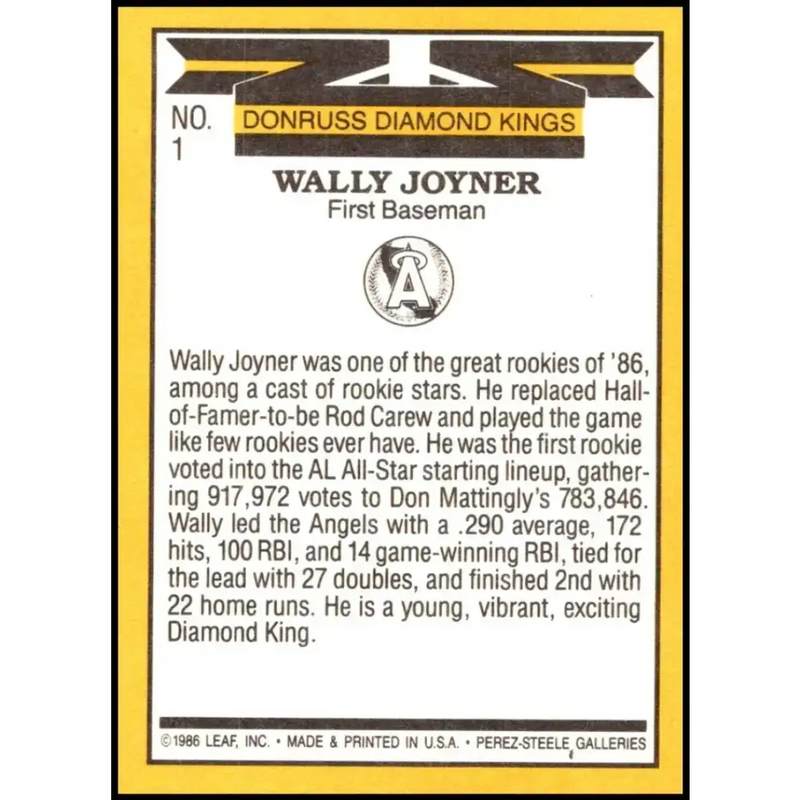 1987 Donruss #1 Wally Joyner EX Excellent California Angels Baseball Card - Baseball Card Single