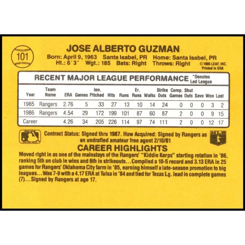 1987 Donruss #101 Jose Guzman EX Excellent Texas Rangers Baseball Card - Baseball Card Single