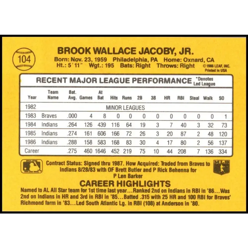 1987 Donruss #104 Brook Jacoby EX Excellent Cleveland Indians Baseball Card - Baseball Card Single