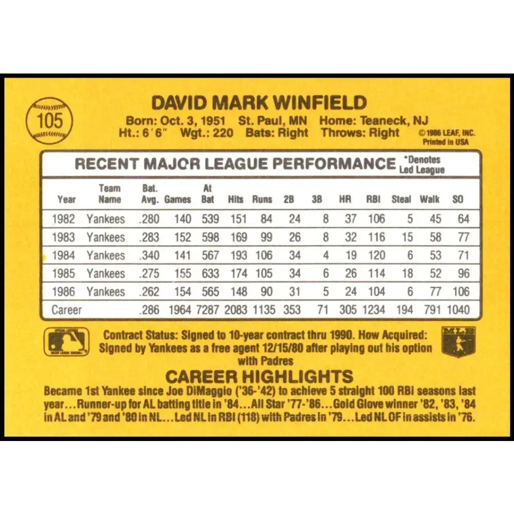 1987 Donruss #105 Dave Winfield EX Excellent New York Yankees Baseball Card - Baseball Card Single