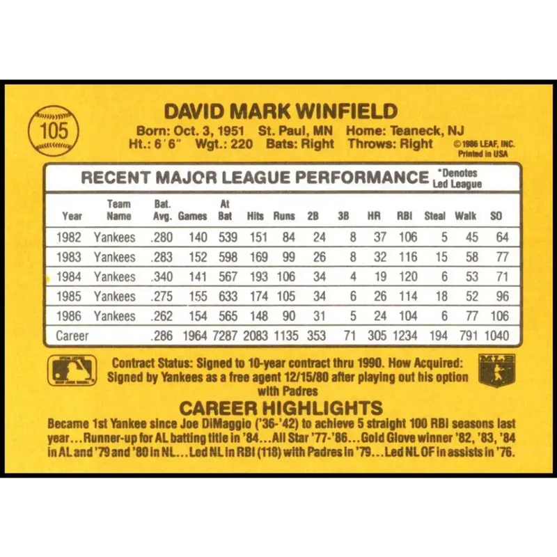 1987 Donruss #105 Dave Winfield EX Excellent New York Yankees Baseball Card - Baseball Card Single