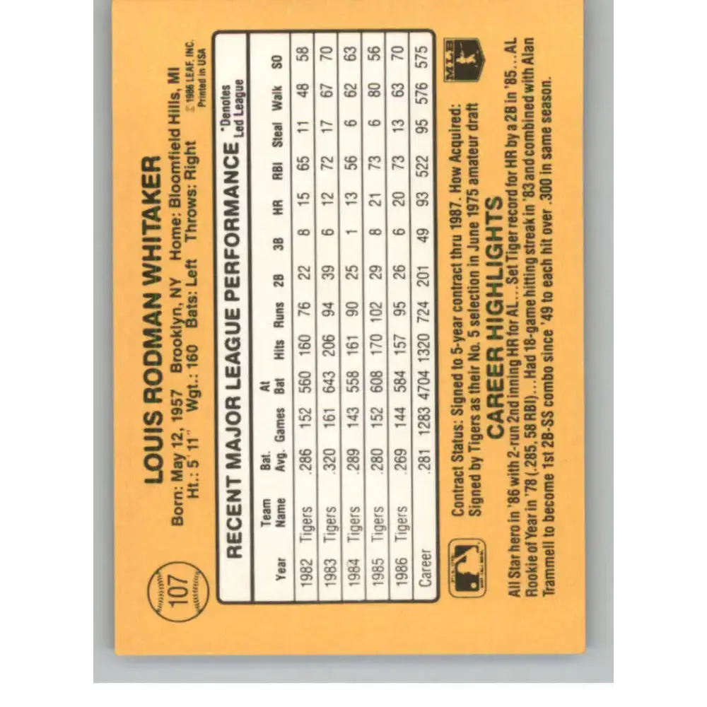 1987 Donruss #107 Lou Whitaker EX Excellent Detroit Tigers Baseball Card - Baseball Card Single
