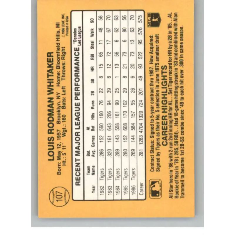 1987 Donruss #107 Lou Whitaker EX Excellent Detroit Tigers Baseball Card - Baseball Card Single
