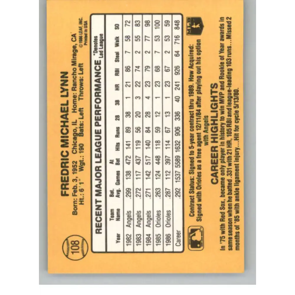 1987 Donruss #108 Fred Lynn EX Excellent Baltimore Orioles Baseball Card - Baseball Card Single