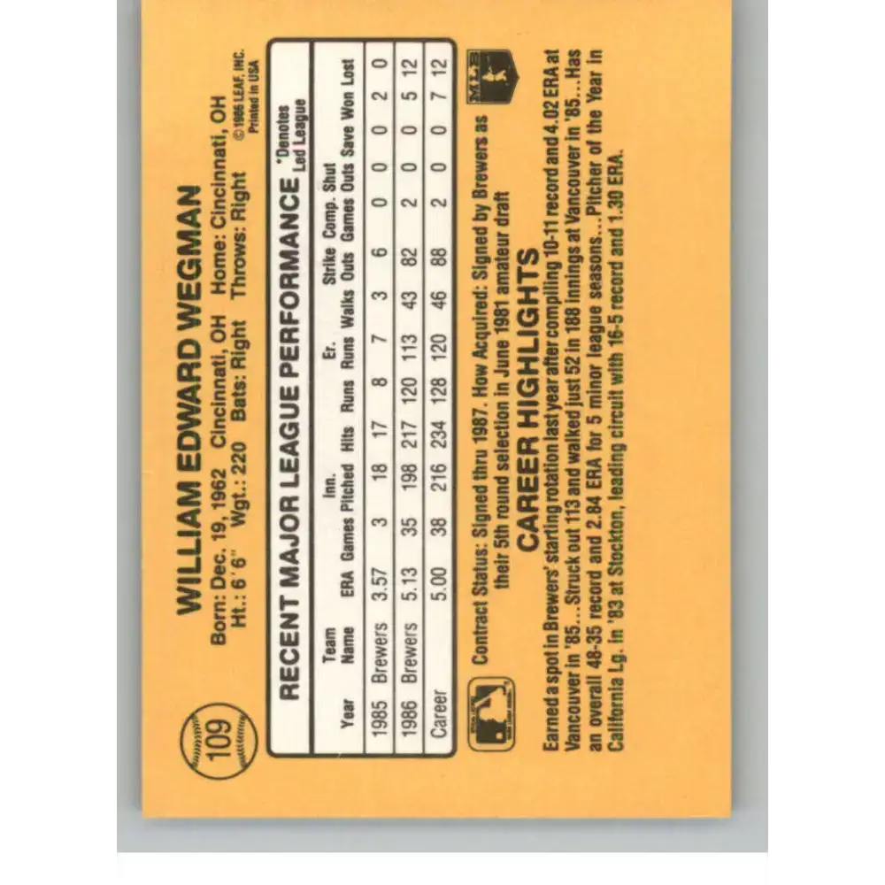 1987 Donruss #109 Bill Wegman EX Excellent Milwaukee Brewers Baseball Card - Baseball Card Single