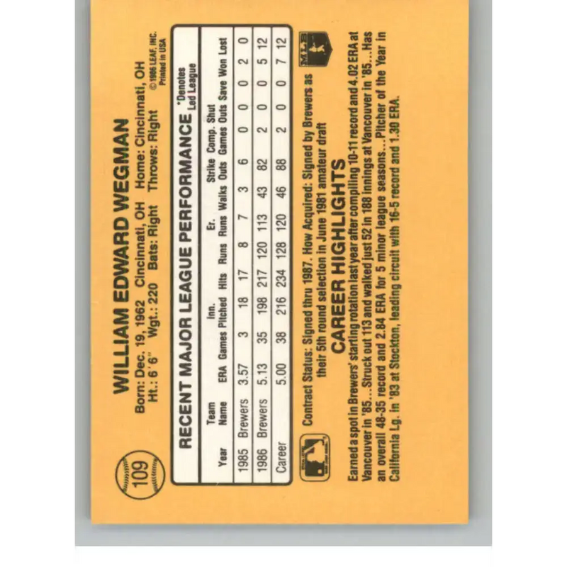 1987 Donruss #109 Bill Wegman EX Excellent Milwaukee Brewers Baseball Card - Baseball Card Single