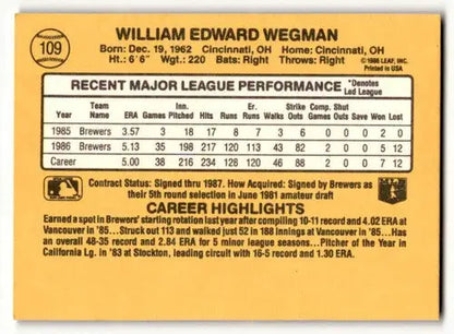 1987 Donruss #109 Bill Wegman Milwaukee Brewers Baseball Cards EX/NM ID:58493