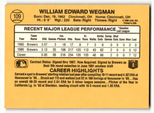 1987 Donruss #109 Bill Wegman Milwaukee Brewers Baseball Cards EX/NM ID:58493 - Baseball Card Single