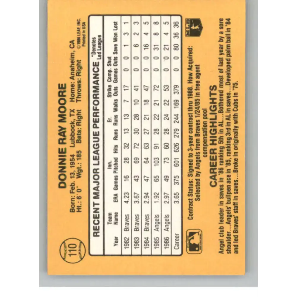 1987 Donruss #110 Donnie Moore EX Excellent California Angels Baseball Card - Baseball Card Single