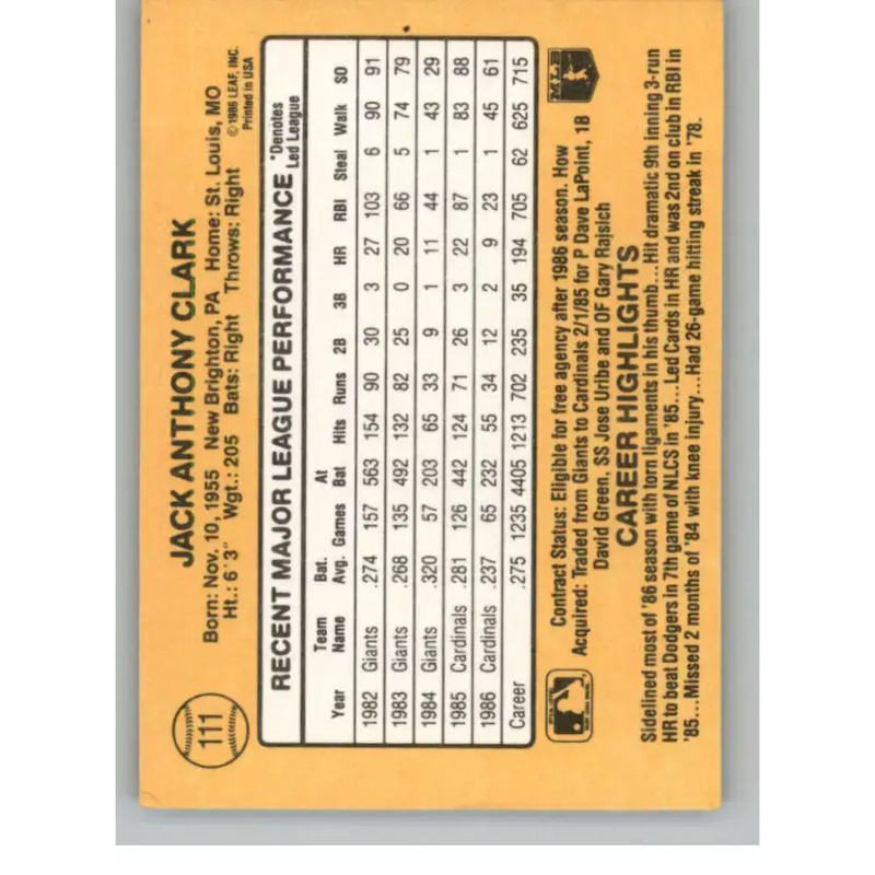 1987 Donruss #111 Jack Clark EX Excellent St. Louis Cardinals Baseball Card - Baseball Card Single