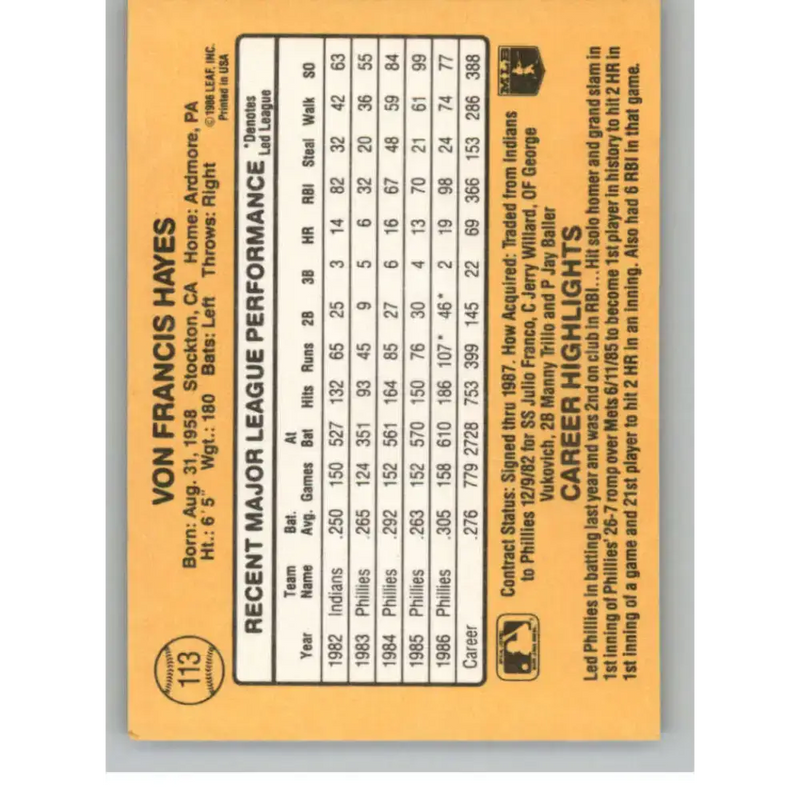 1987 Donruss #113 Von Hayes EX Excellent Philadelphia Phillies Baseball Card - Baseball Card Single