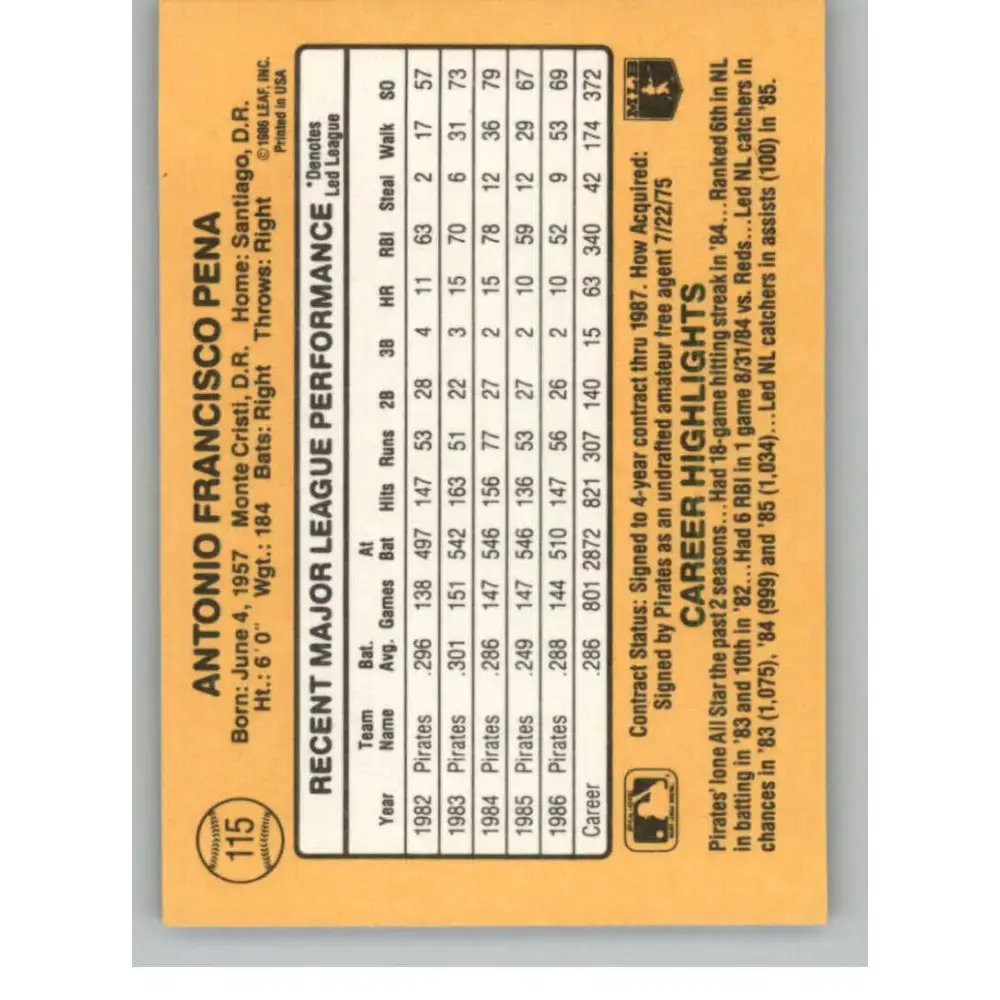 1987 Donruss #115 Tony Pena EX Excellent Pittsburgh Pirates Baseball Card - Baseball Card Single