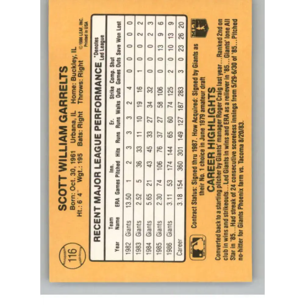 1987 Donruss #116 Scott Garrelts EX Excellent San Francisco Giants Baseball Card - Baseball Card Single