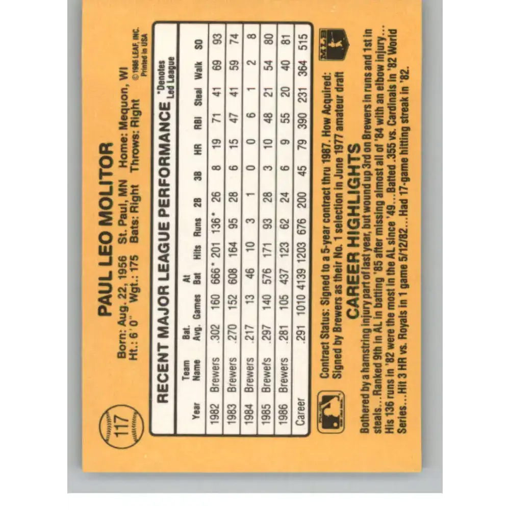 1987 Donruss #117 Paul Molitor EX Excellent Milwaukee Brewers Baseball Card - Baseball Card Single