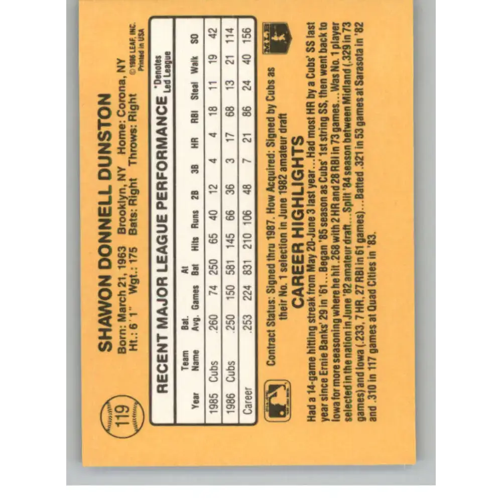 1987 Donruss #119 Shawon Dunston EX Excellent Chicago Cubs Baseball Card - Baseball Card Single