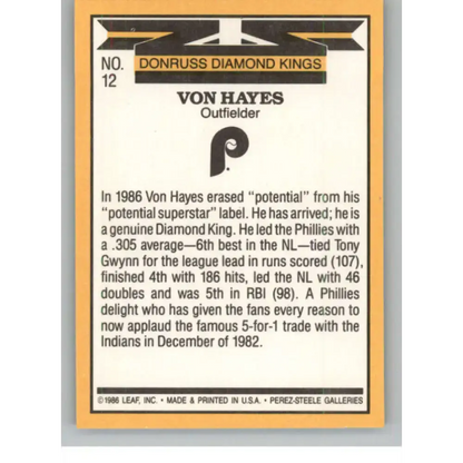 1987 Donruss #12 Von Hayes DK EX Philadelphia Phillies Baseball Card