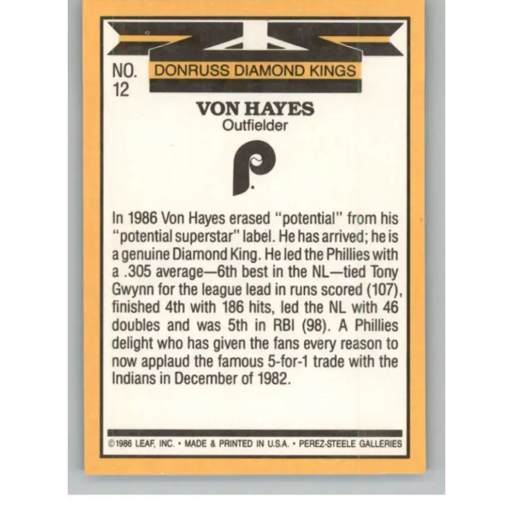1987 Donruss #12 Von Hayes EX Excellent Philadelphia Phillies Baseball Card - Baseball Card Single