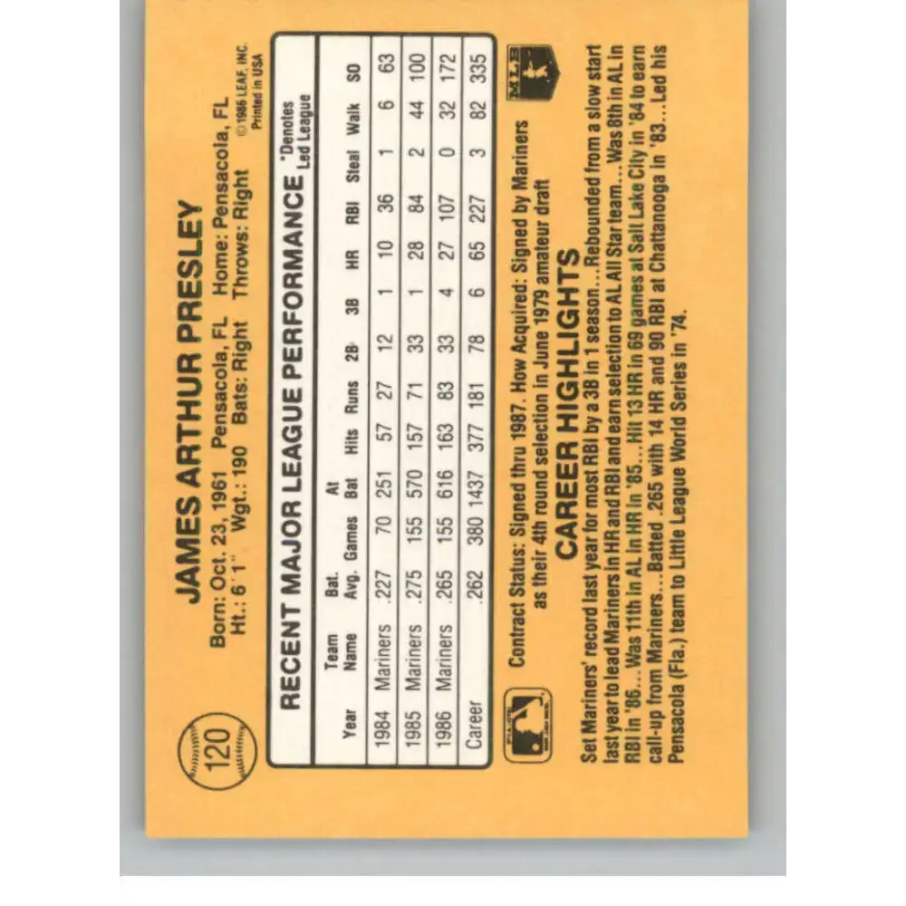1987 Donruss #120 Jim Presley EX Excellent Seattle Mariners Baseball Card - Baseball Card Single