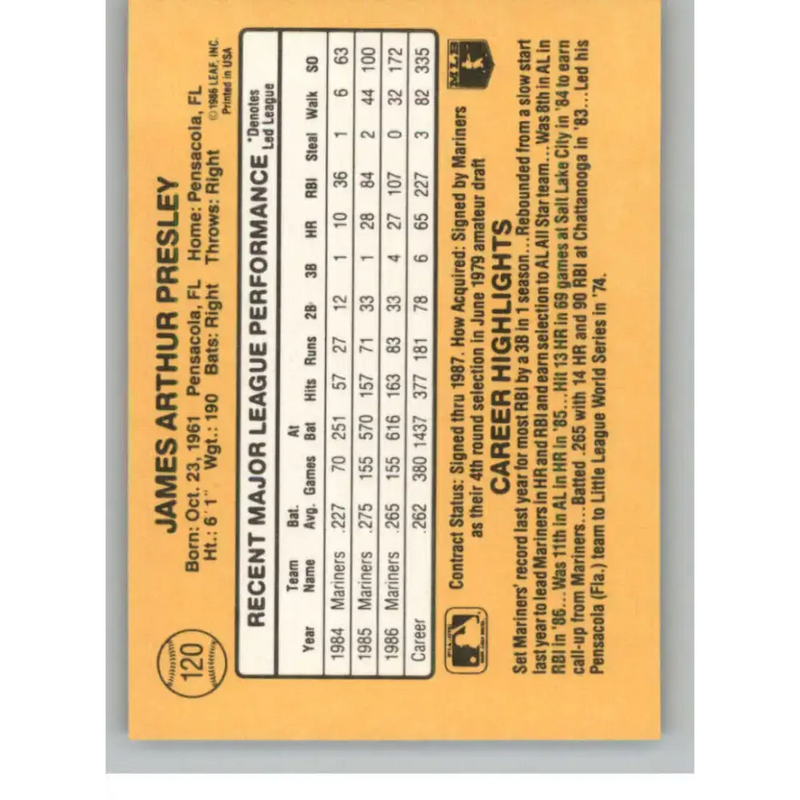 1987 Donruss #120 Jim Presley EX Excellent Seattle Mariners Baseball Card - Baseball Card Single
