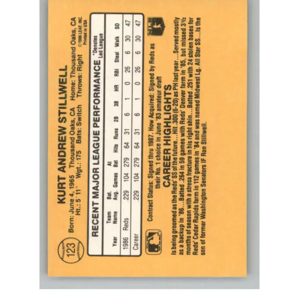1987 Donruss #123 Kurt Stillwell EX Excellent RC Rookie Cincinnati Reds Baseball Card - Baseball Card Single