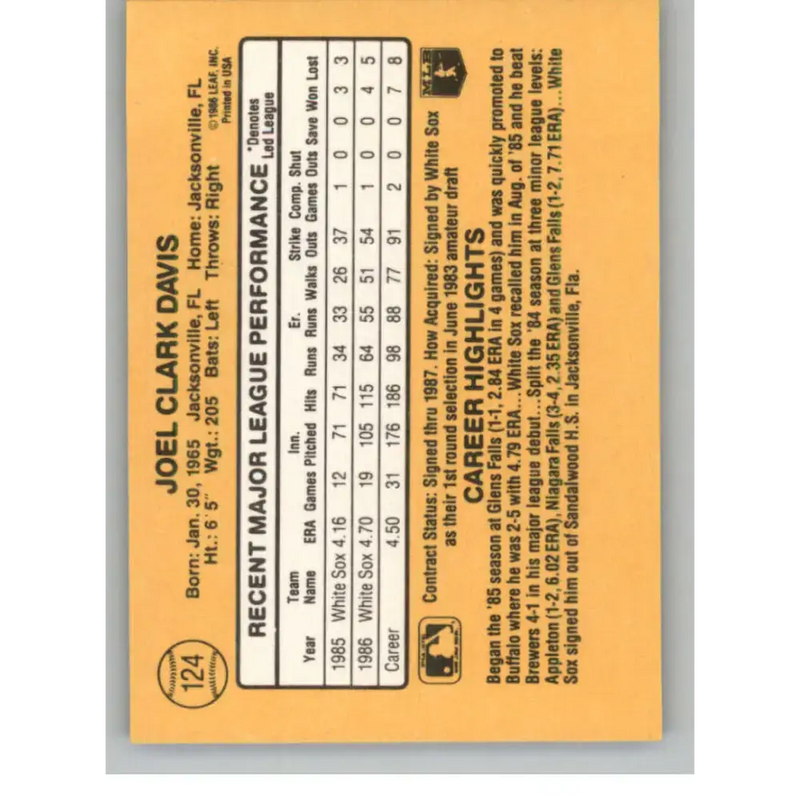 1987 Donruss #124 Joel Davis EX Excellent Chicago White Sox Baseball Card - Baseball Card Single