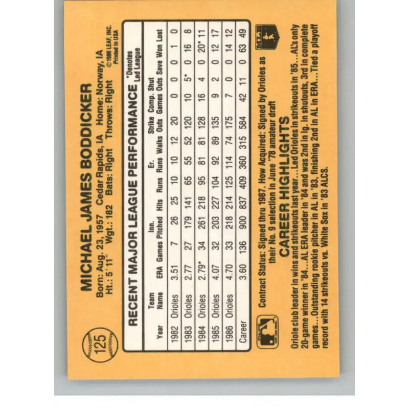 1987 Donruss #125 Mike Boddicker EX Excellent Baltimore Orioles Baseball Card - Baseball Card Single