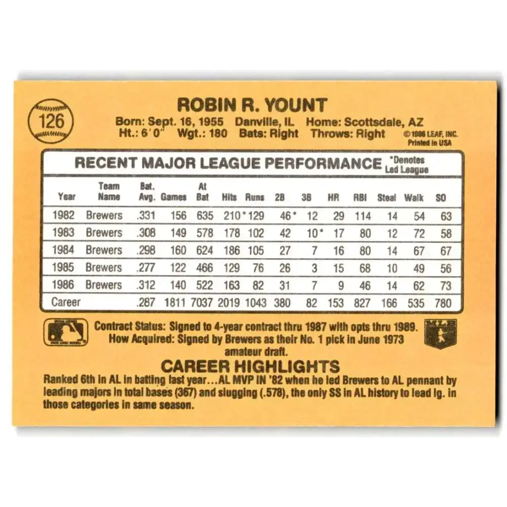 1987 Donruss #126 Robin Yount EX Excellent Milwaukee Brewers Baseball Card - Baseball Card Single