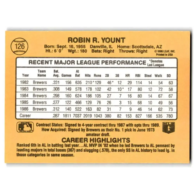 1987 Donruss #126 Robin Yount EX Excellent Milwaukee Brewers Baseball Card - Baseball Card Single