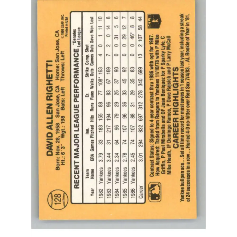 1987 Donruss #128 Dave Righetti EX Excellent New York Yankees Baseball Card - Baseball Card Single