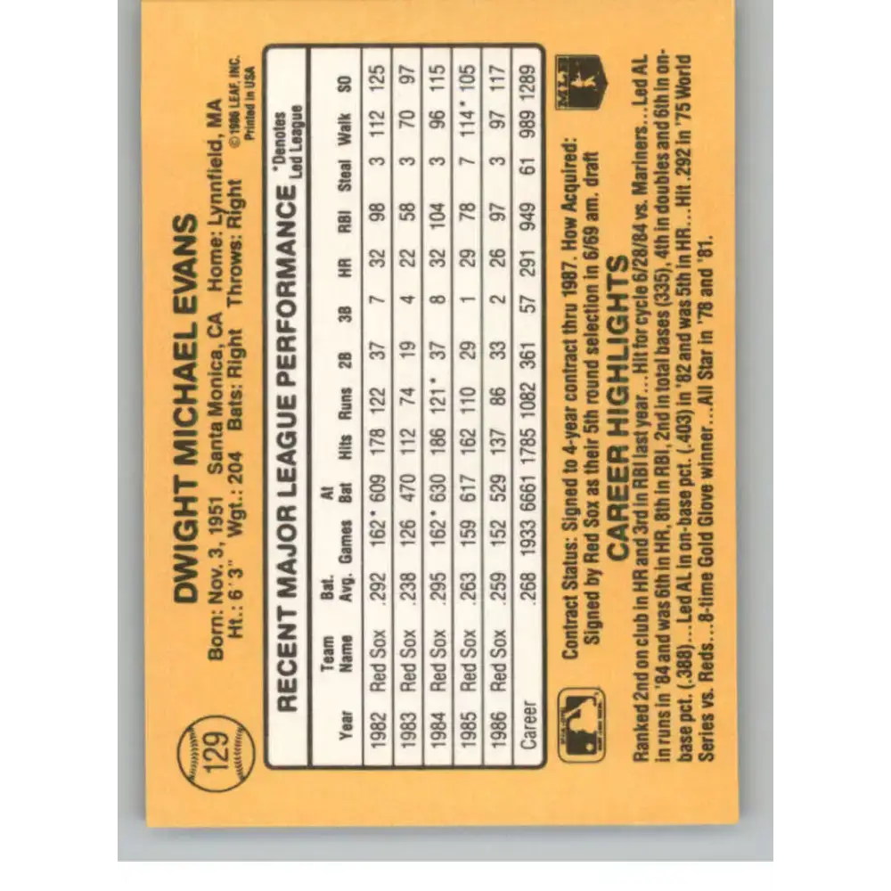 1987 Donruss #129 Dwight Evans EX Excellent Boston Red Sox Baseball Card - Baseball Card Single