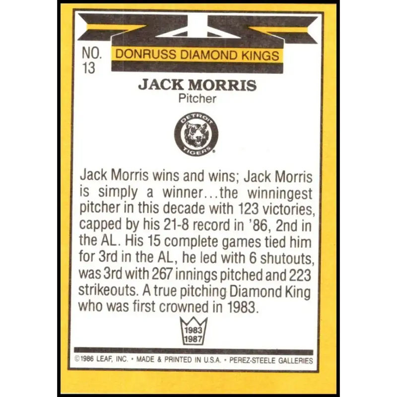 1987 Donruss #13 Jack Morris EX Excellent Detroit Tigers Baseball Card - Baseball Card Single