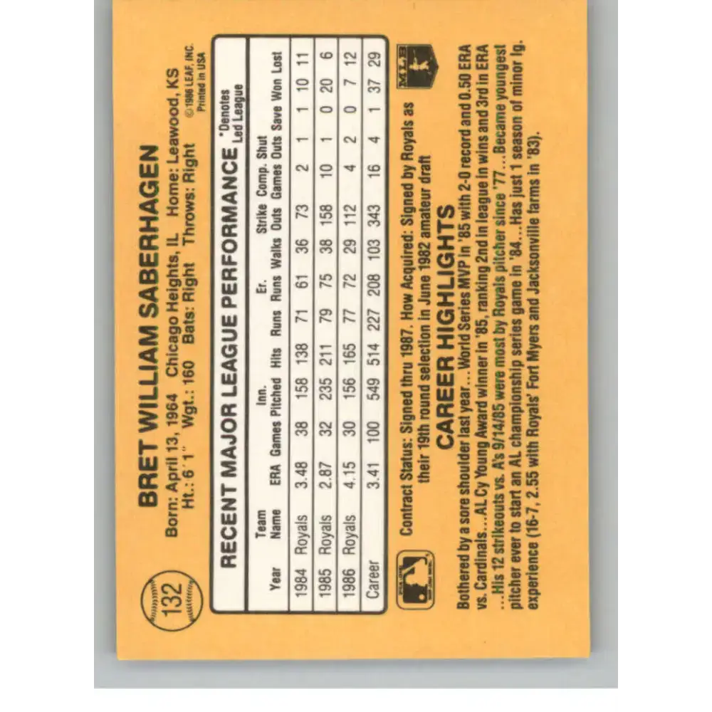1987 Donruss #132 Bret Saberhagen EX Excellent Kansas City Royals Baseball Card - Baseball Card Single
