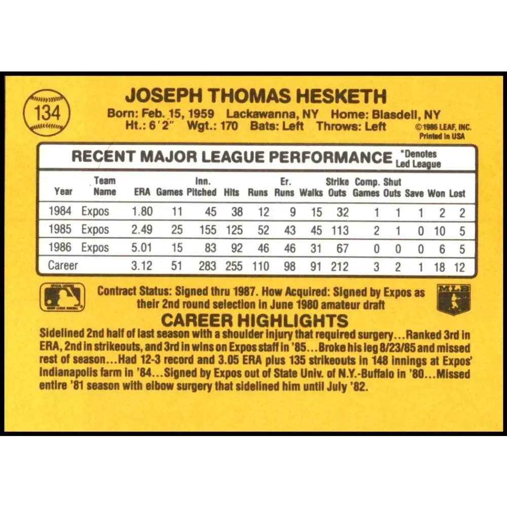 1987 Donruss #134 Joe Hesketh EX Excellent Montreal Expos Baseball Card - Baseball Card Single