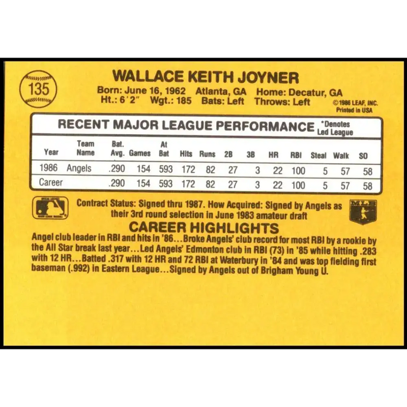 1987 Donruss #135 Wally Joyner EX Excellent RC Rookie California Angels Baseball Card - Baseball Card Single