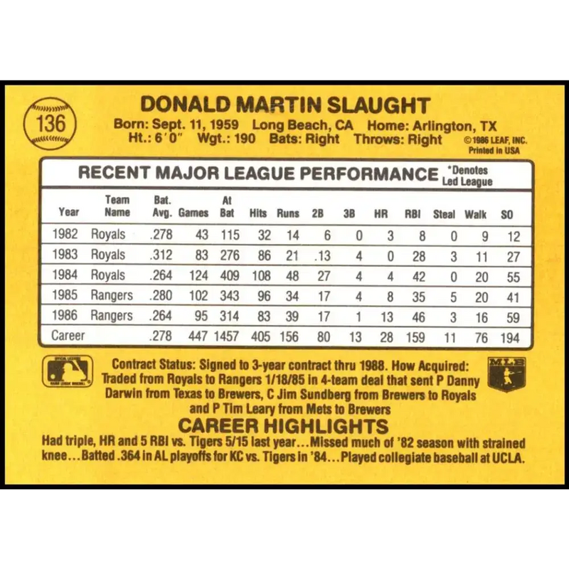 1987 Donruss #136 Don Slaught EX Excellent Texas Rangers Baseball Card - Baseball Card Single