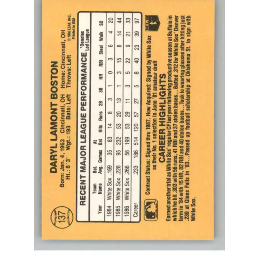 1987 Donruss #137 Daryl Boston EX Excellent Chicago White Sox Baseball Card - Baseball Card Single