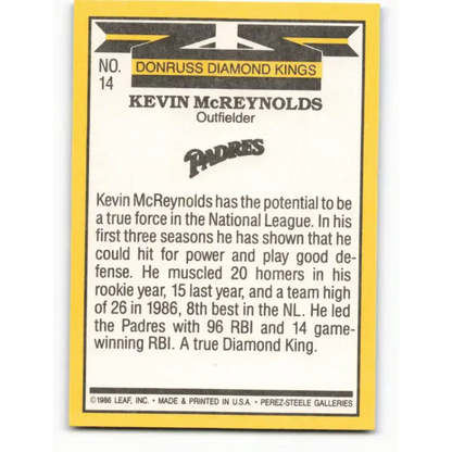 1987 Donruss #14 Kevin McReynolds DK ERR EX San Diego Padres Baseball Card
